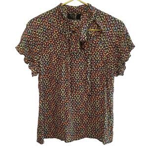 House of Foxy blouse in Deco Mod Butterfly print - Medium, brown, tie at neck.